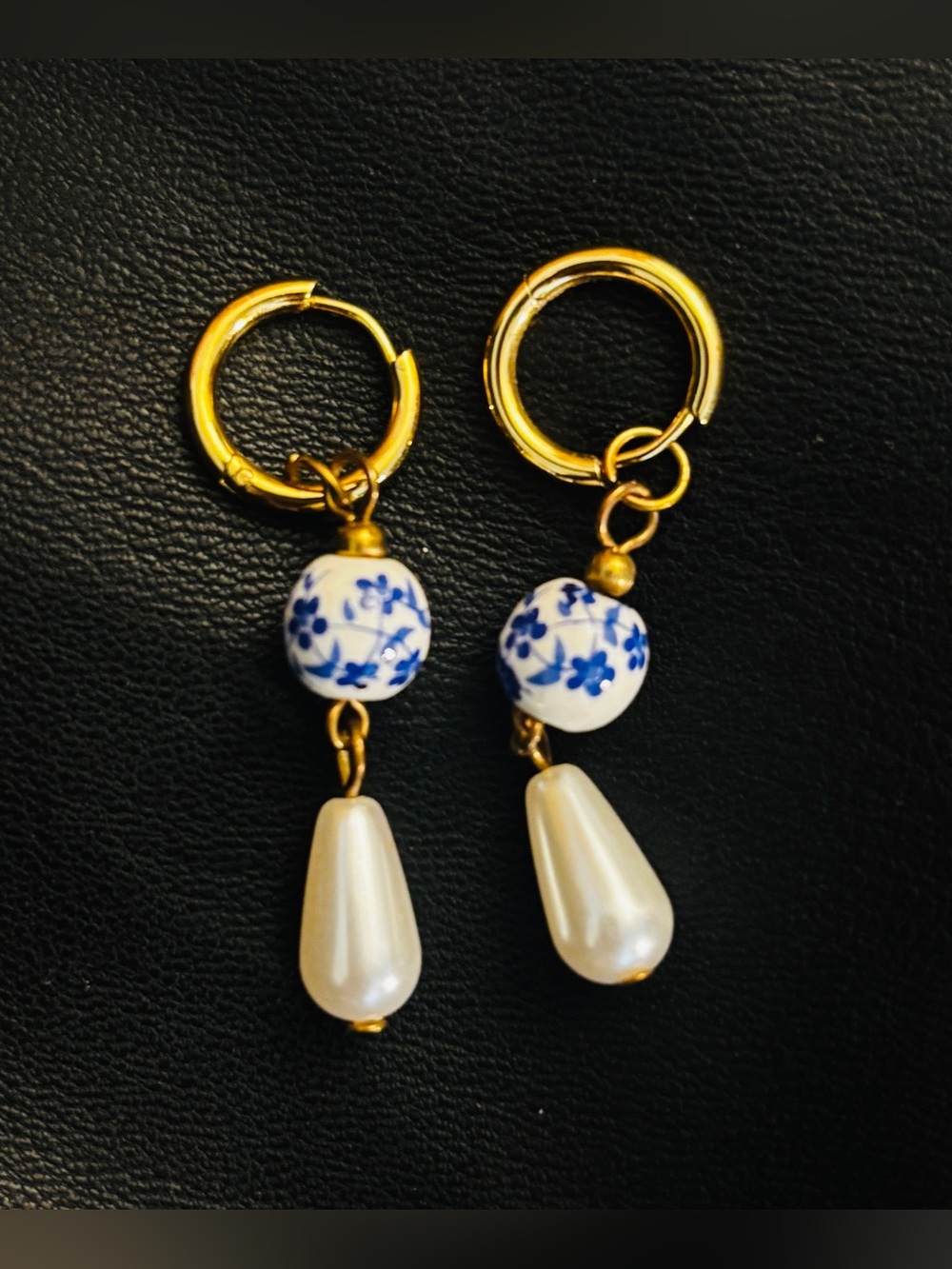 Faux Gold Hoop Earrings with Blue Floral Beads and Pearl Drops